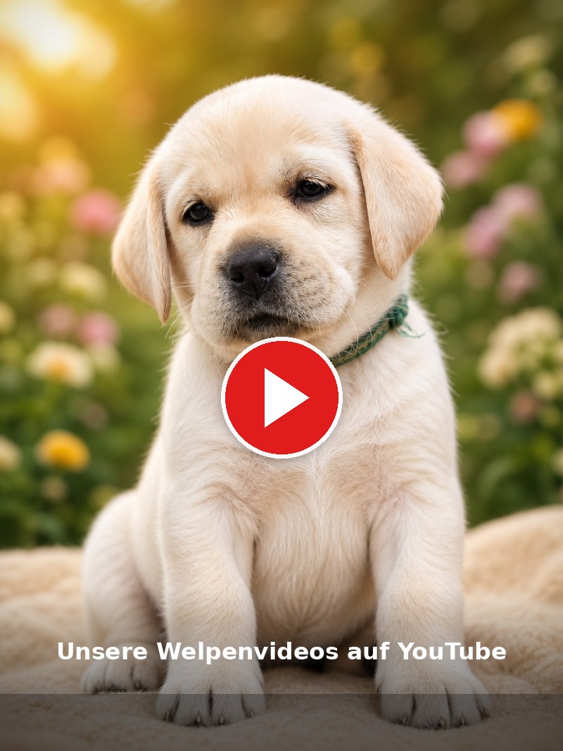 Play-Button auf Foto eines Labrador-Welpen – Link zu unseren Welpenvideos auf YouTube